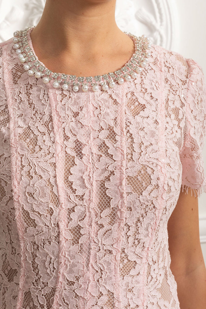 Tessa | Crystal Collar Lace Midi Dress