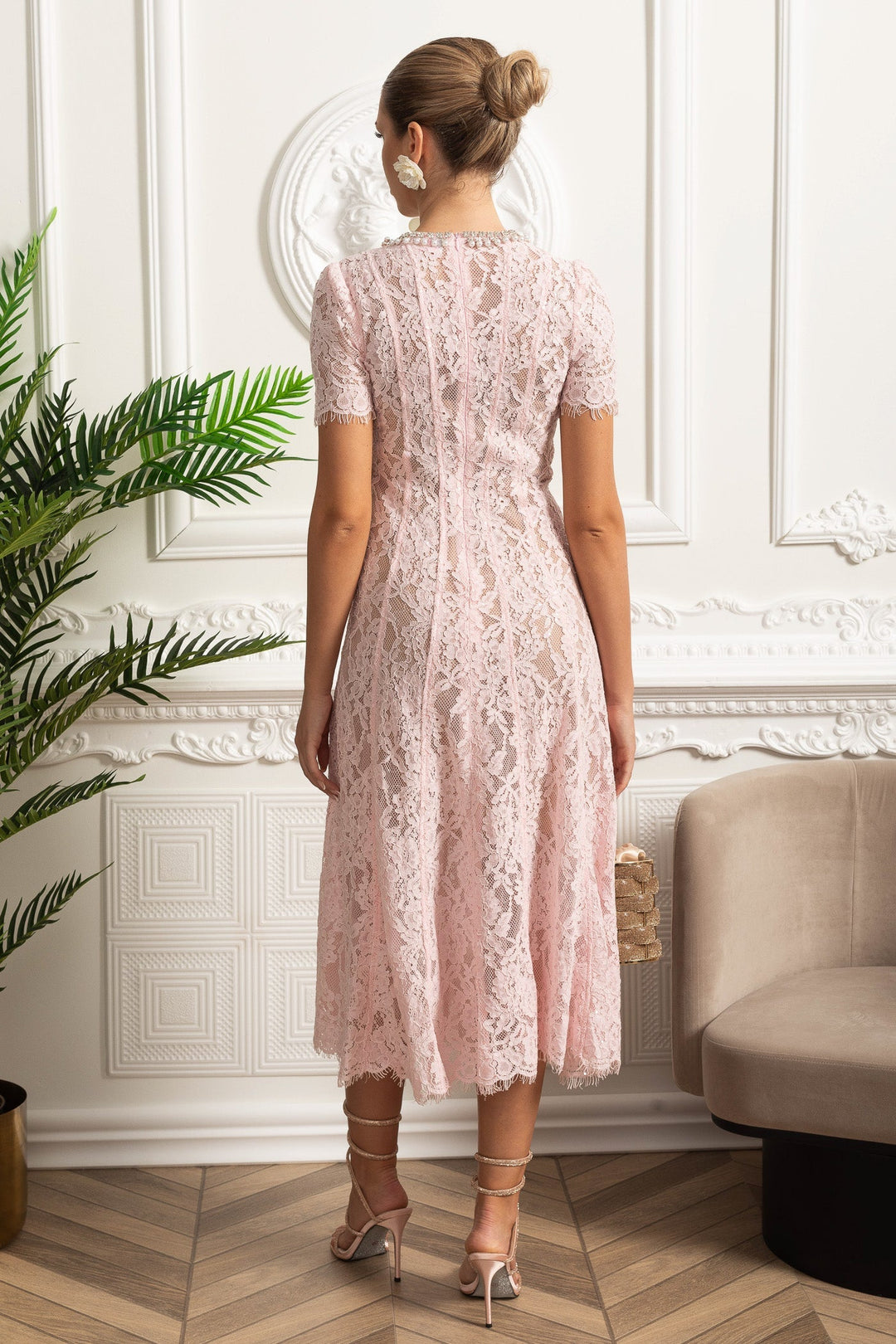 Tessa | Crystal Collar Lace Midi Dress