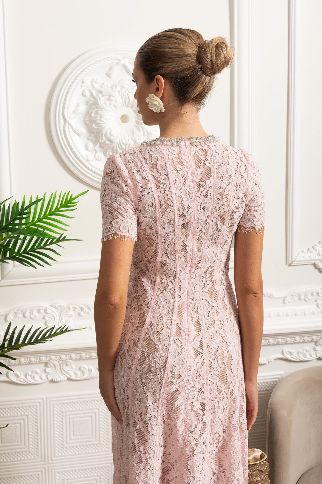 Tessa | Crystal Collar Lace Midi Dress