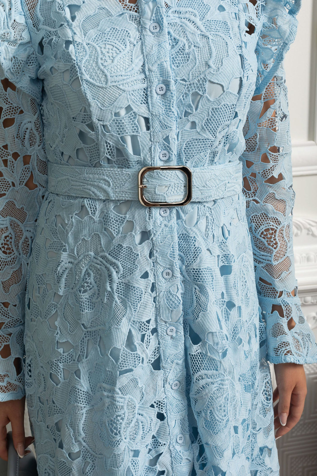 Saskia | Ruffled Shoulder Floral Lace Midi Dress