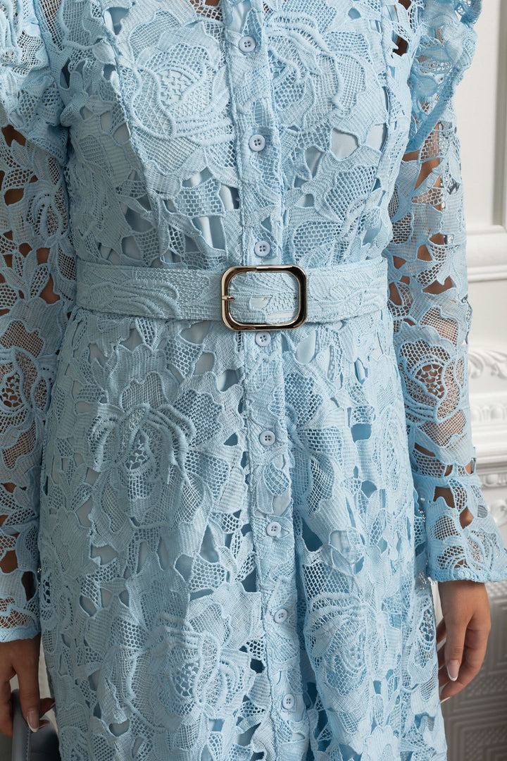 Saskia | Ruffled Shoulder Floral Lace Midi Dress