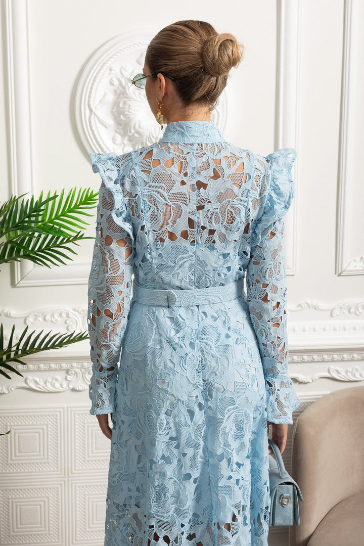 Saskia | Ruffled Shoulder Floral Lace Midi Dress