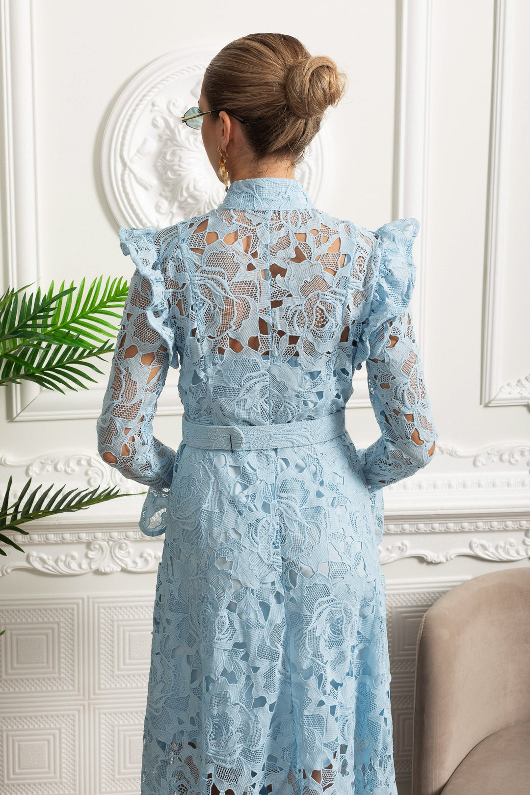 Saskia | Ruffled Shoulder Floral Lace Midi Dress