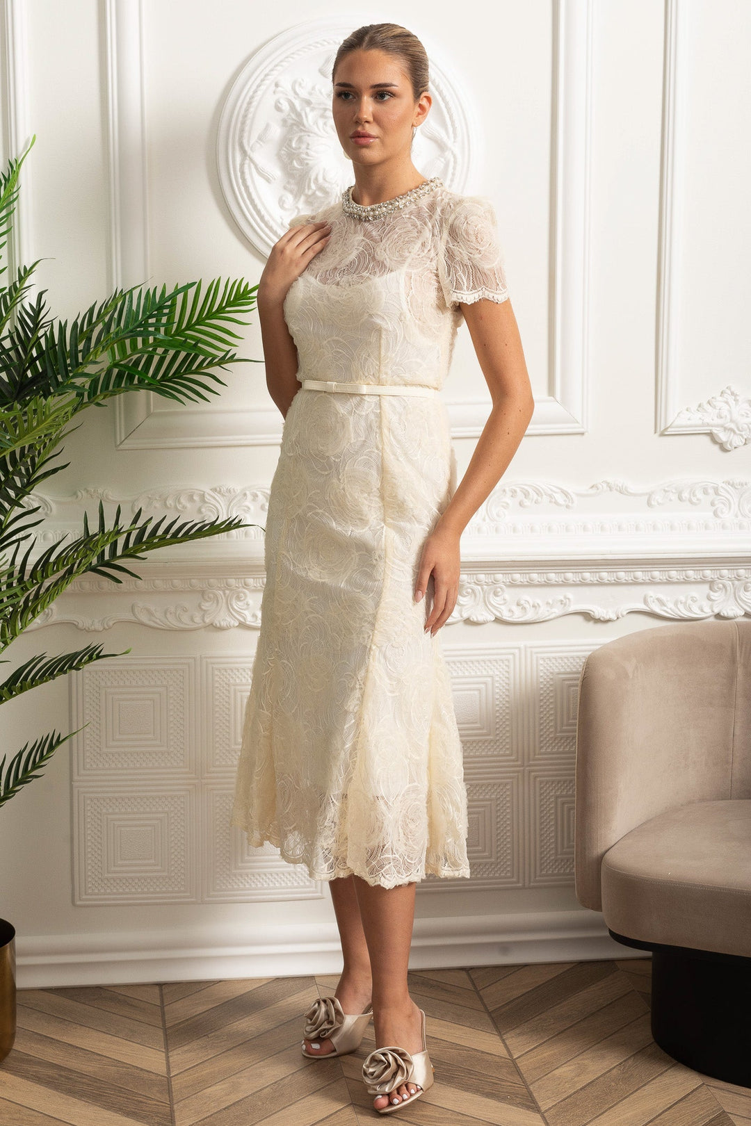 Priya | Short Sleeve Lace Belted Midi Dress