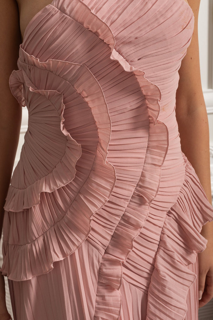 Opal | Pleated Halter Cascading Ruffle Midi Dress
