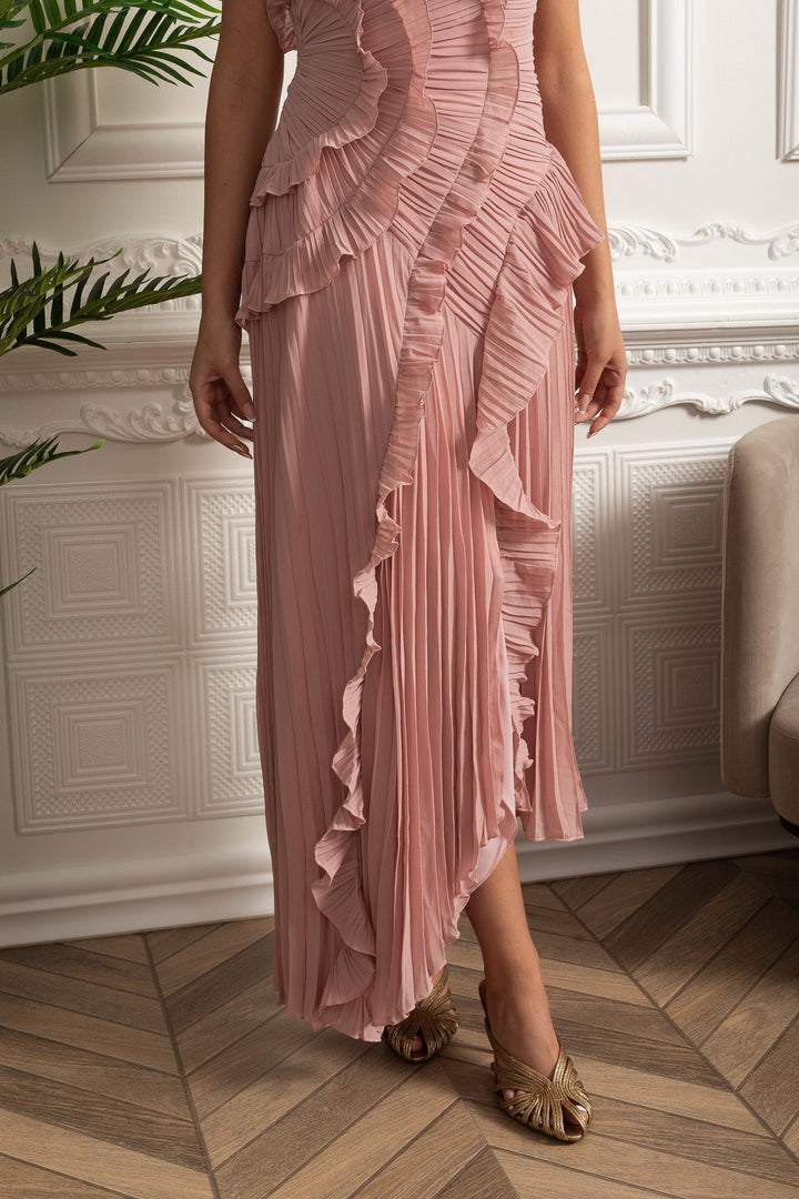 Opal | Pleated Halter Cascading Ruffle Midi Dress