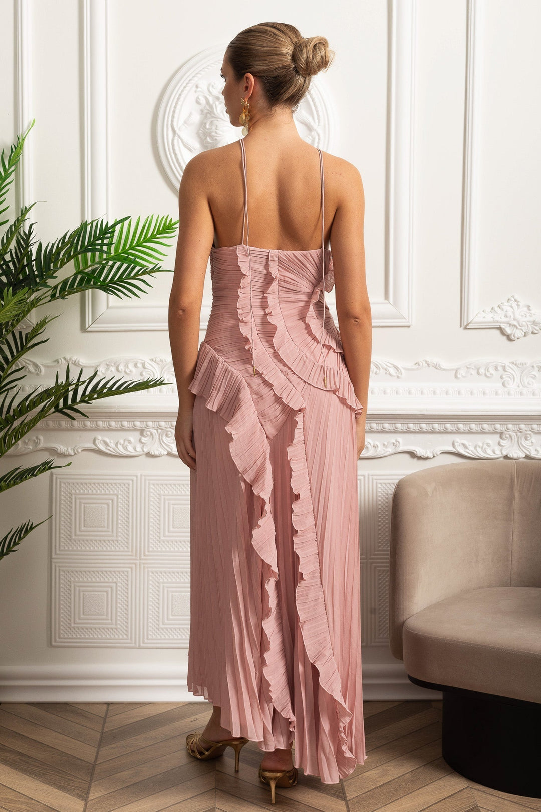Opal | Pleated Halter Cascading Ruffle Midi Dress