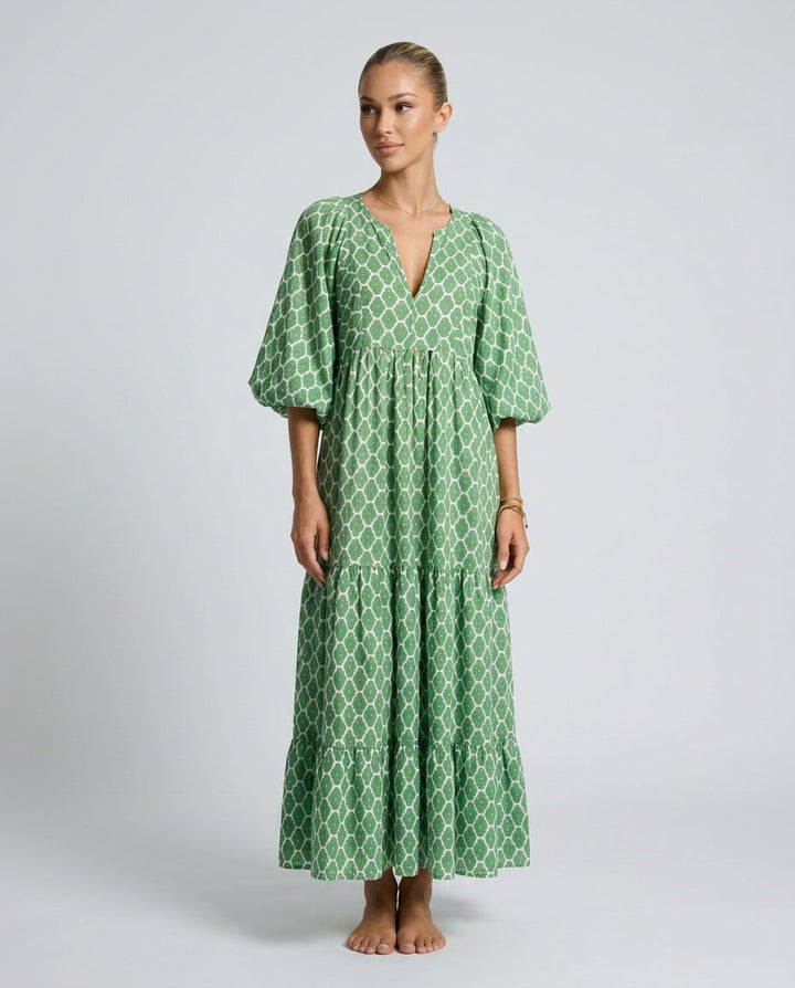 Verity | V-Neck Balloon Sleeve Ruffle Layered Midi Dress