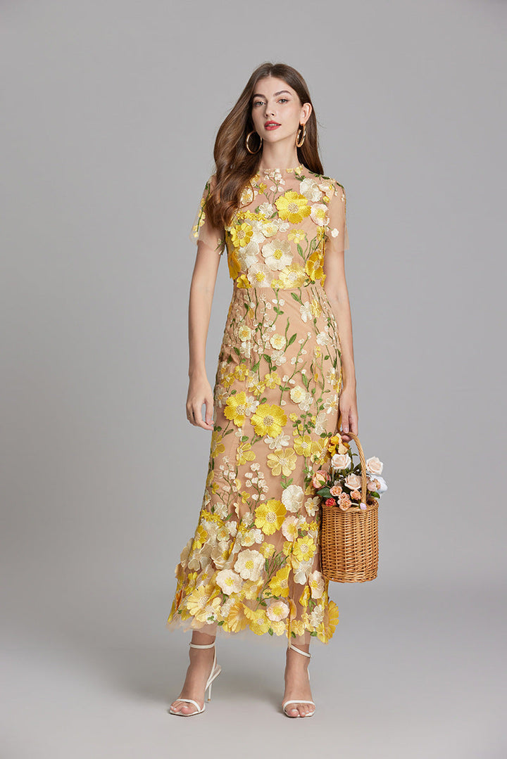 Sabine | 3D Floral Appliqué Wedding Guest Midi Dress