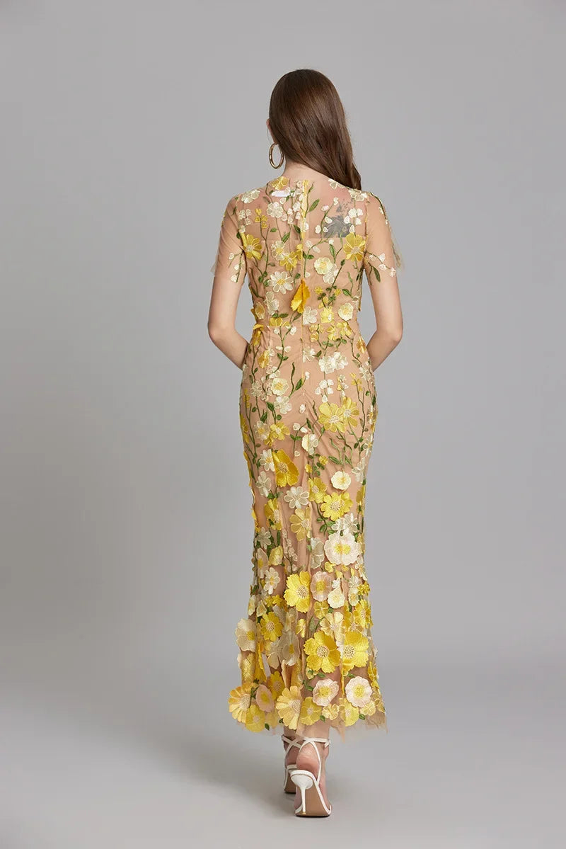 Sabine | 3D Floral Appliqué Wedding Guest Midi Dress