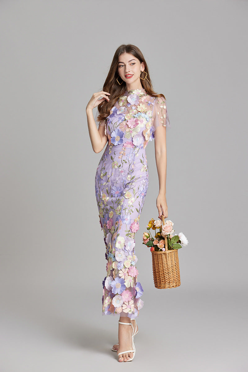 Sabine | 3D Floral Appliqué Wedding Guest Midi Dress