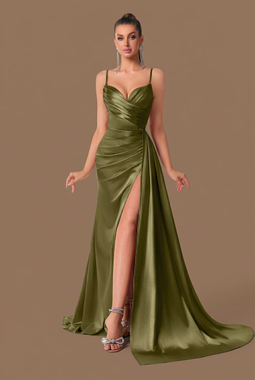 Selene | Pleated Satin Draped Side Split Maxi Dress
