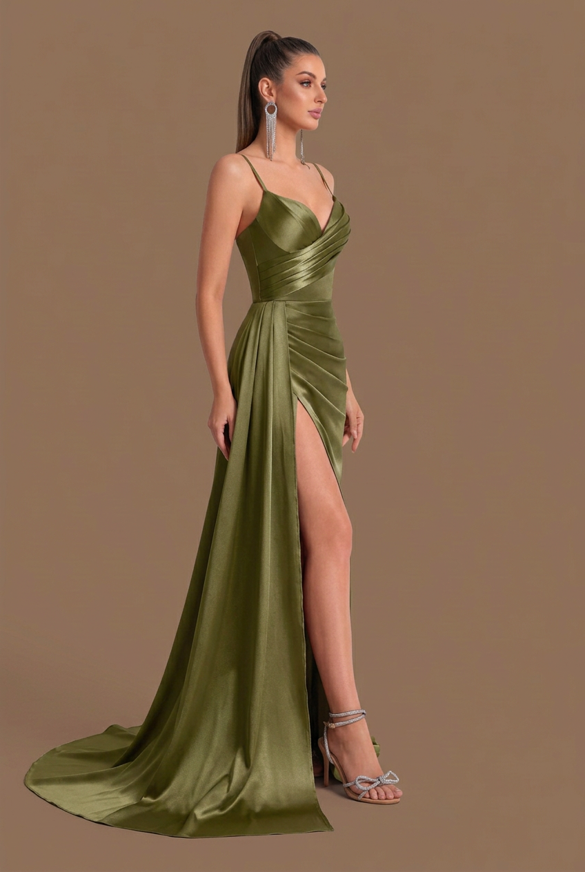 Selene | Pleated Satin Draped Side Split Maxi Dress
