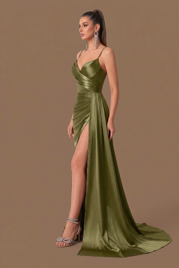 Selene | Pleated Satin Draped Side Split Maxi Dress