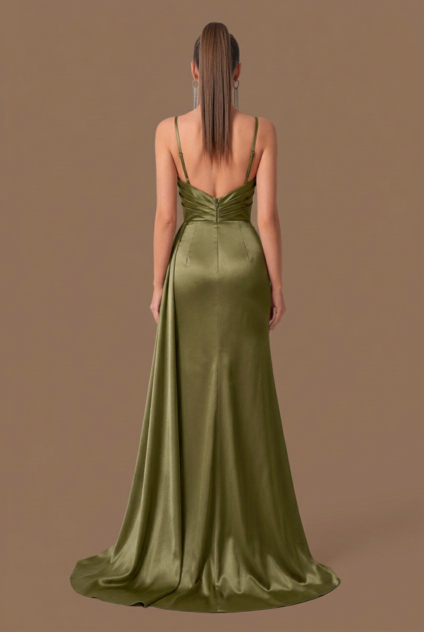 Selene | Pleated Satin Draped Side Split Maxi Dress