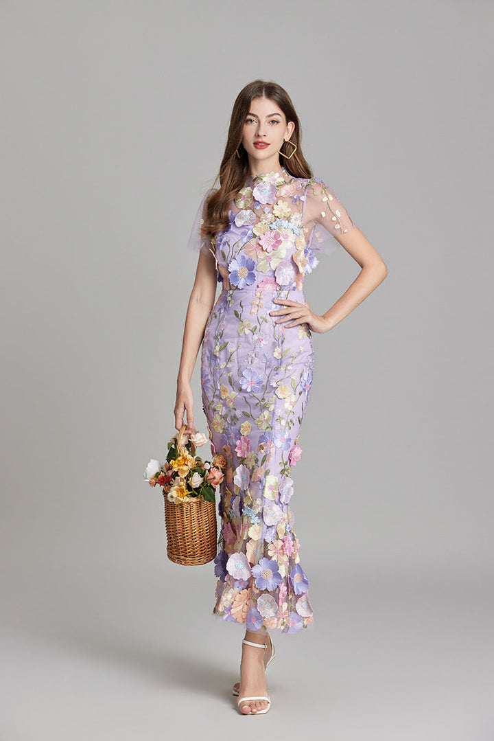 Sabine | 3D Floral Appliqué Wedding Guest Midi Dress