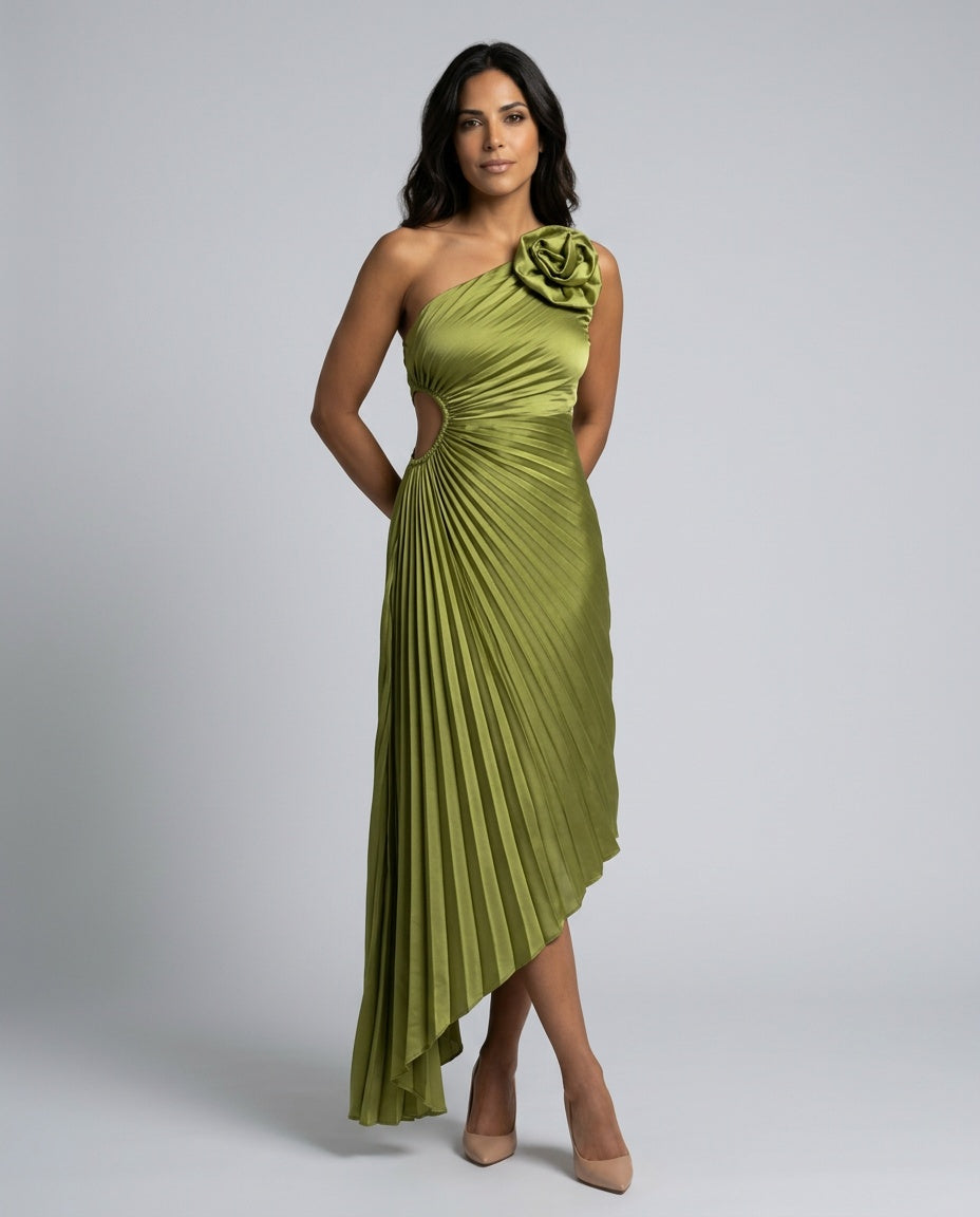 Willa | Shoulder Pleated Special Occasion Midi Dress