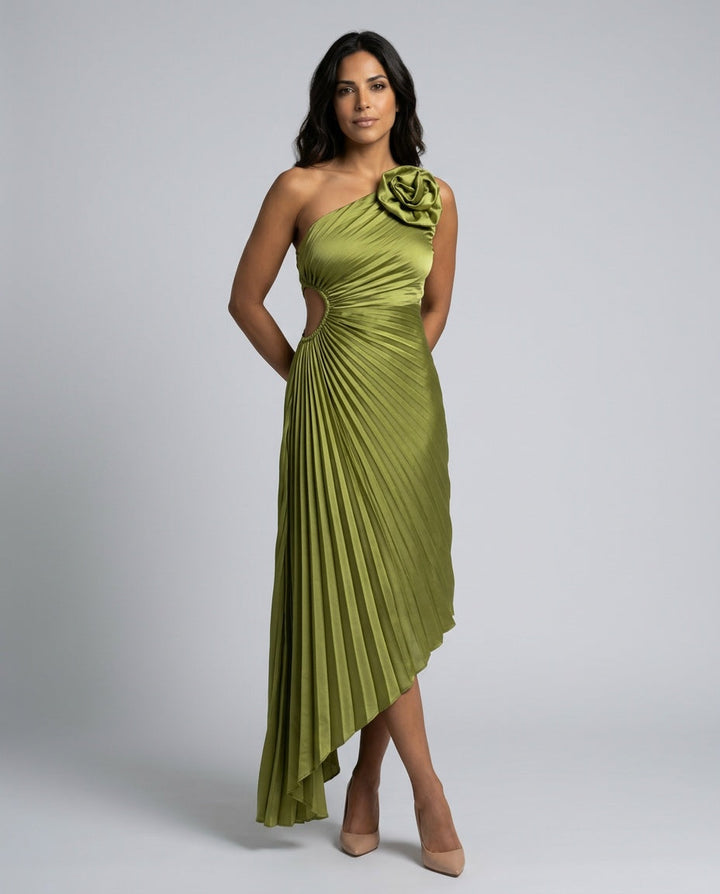 Willa | Shoulder Pleated Special Occasion Midi Dress