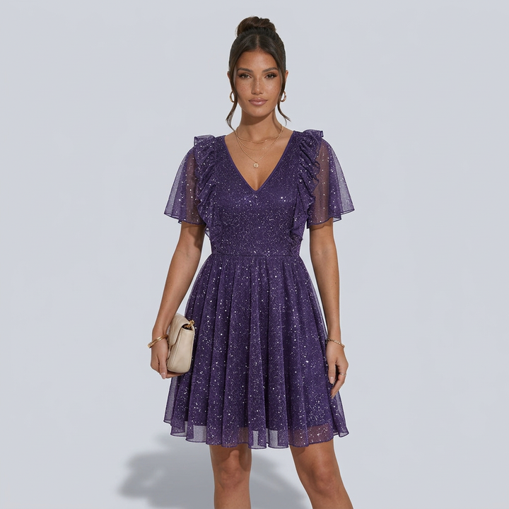 Sienna | Glitter Ruffle V-Neck Flutter Sleeve Mini Dress