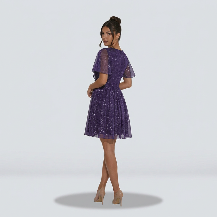 Sienna | Glitter Ruffle V-Neck Flutter Sleeve Mini Dress