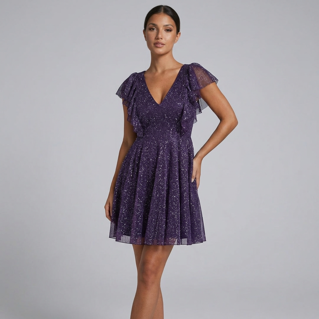 Sienna | Glitter Ruffle V-Neck Flutter Sleeve Mini Dress