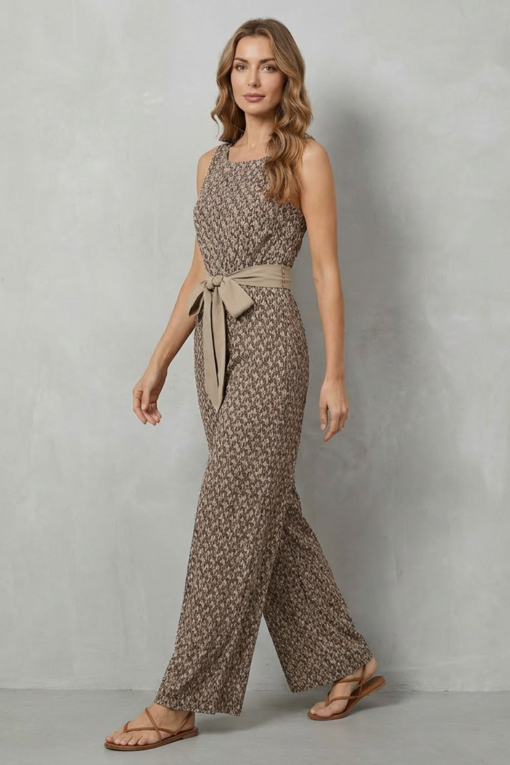 Solanette | Printed Tie-Waist Sleeveless Jumpsuit