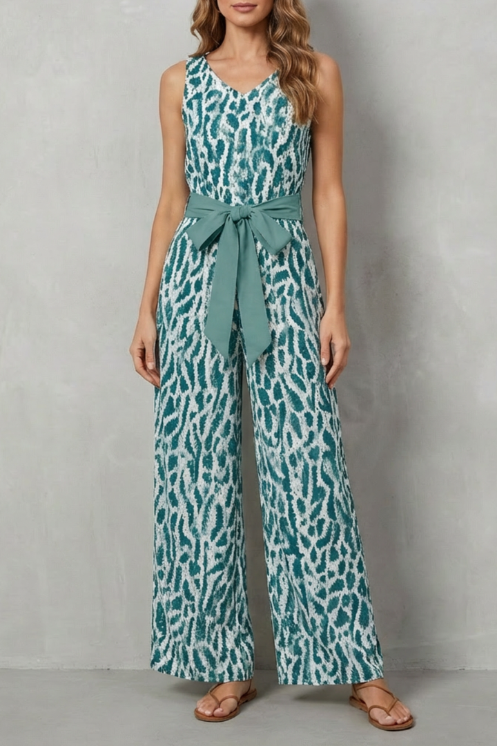 Solanette | Printed Tie-Waist Sleeveless Jumpsuit