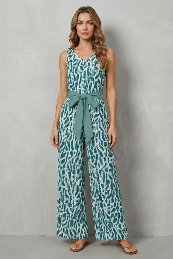 Solanette | Printed Tie-Waist Sleeveless Jumpsuit