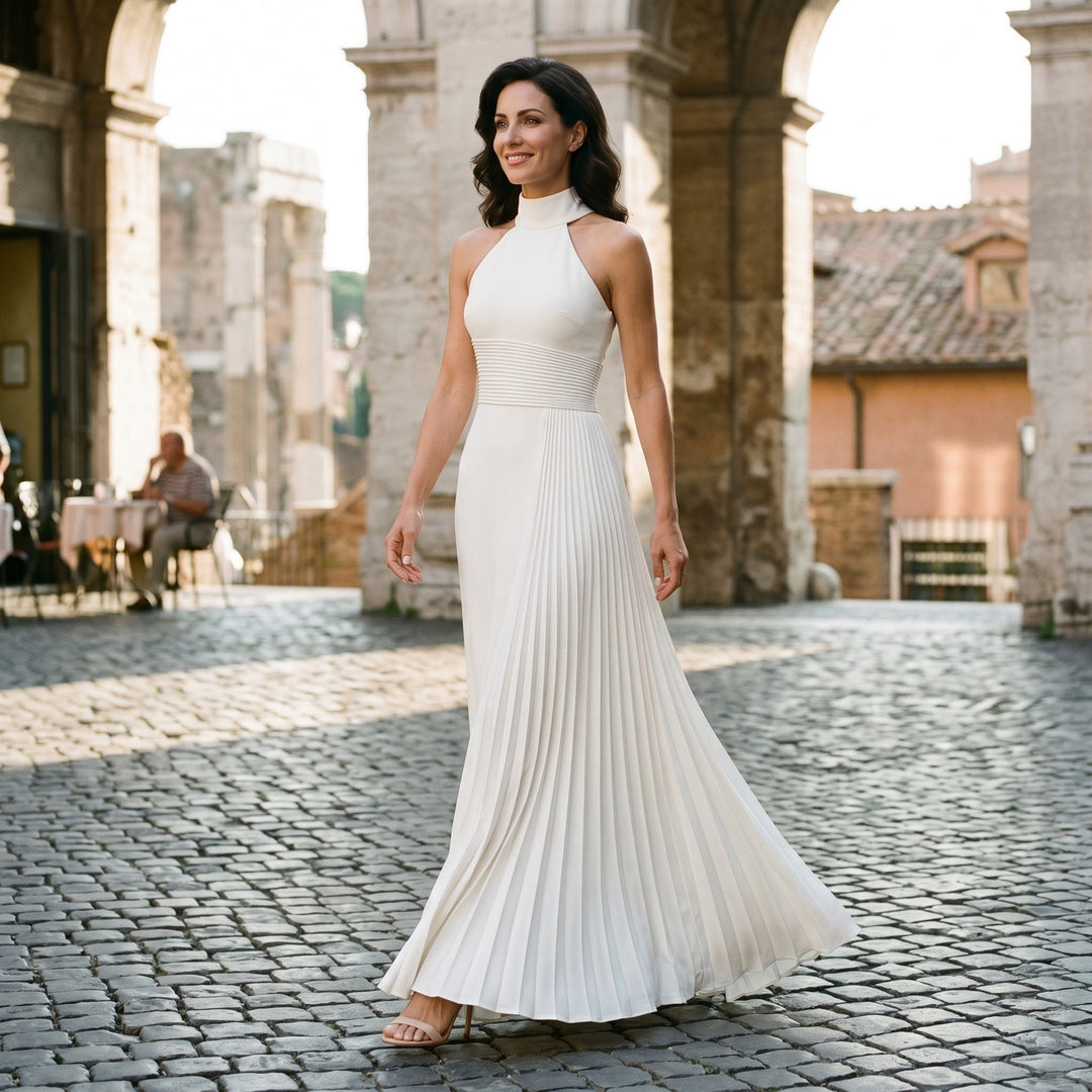 Delphine | Pleated Satin-Look Black Tie Maxi Dress