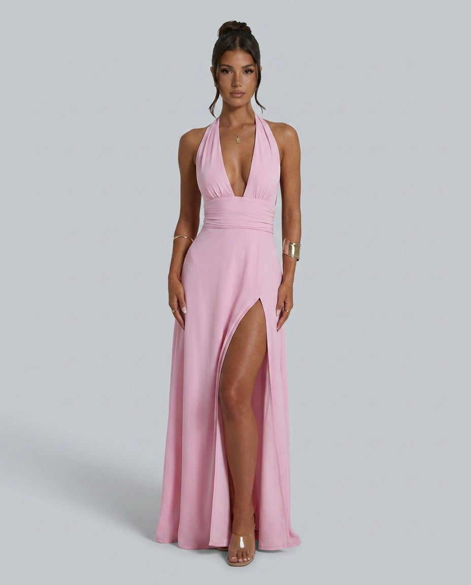 Serène | Halter Neck Leg Slit Wedding Guest Maxi Dress