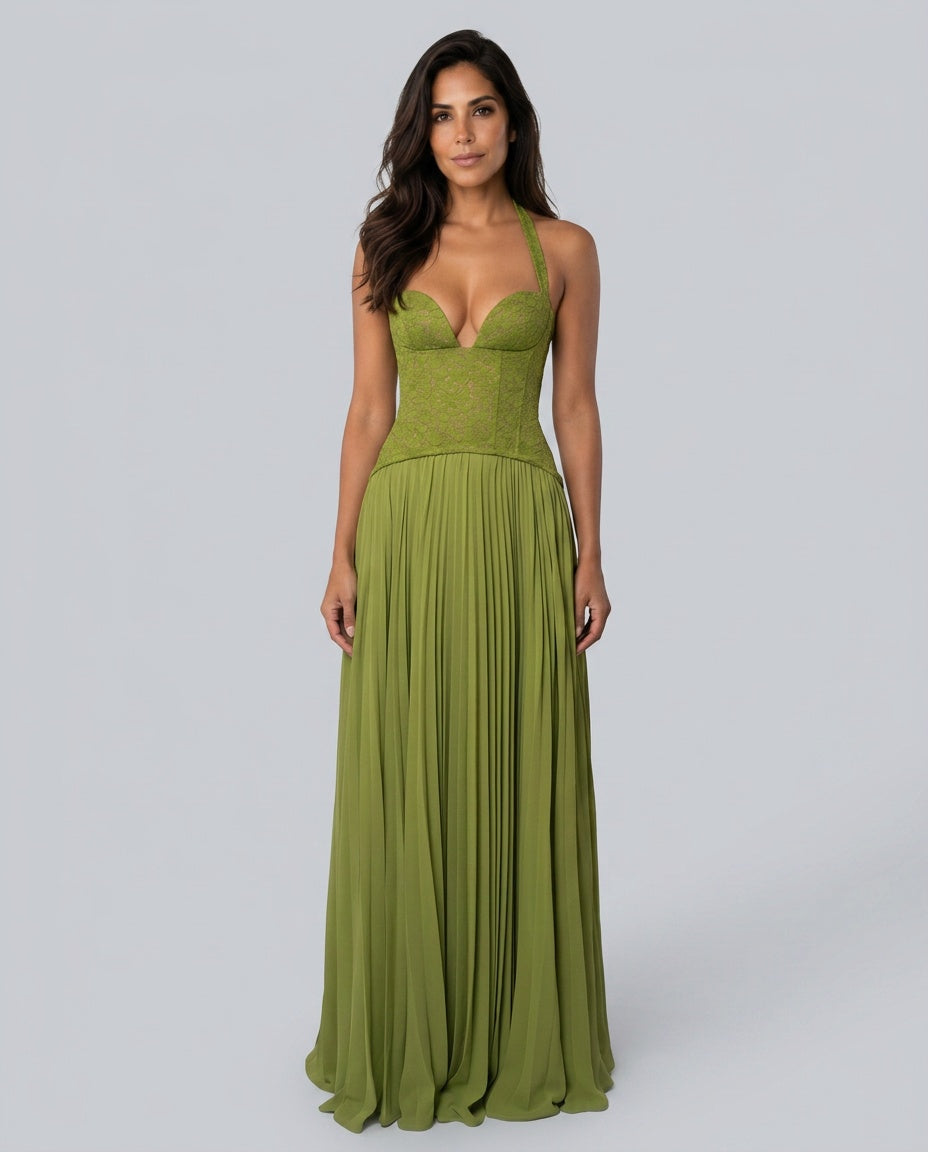 Ottilie | Sweetheart Lace Chiffon Pleated Maxi Dress