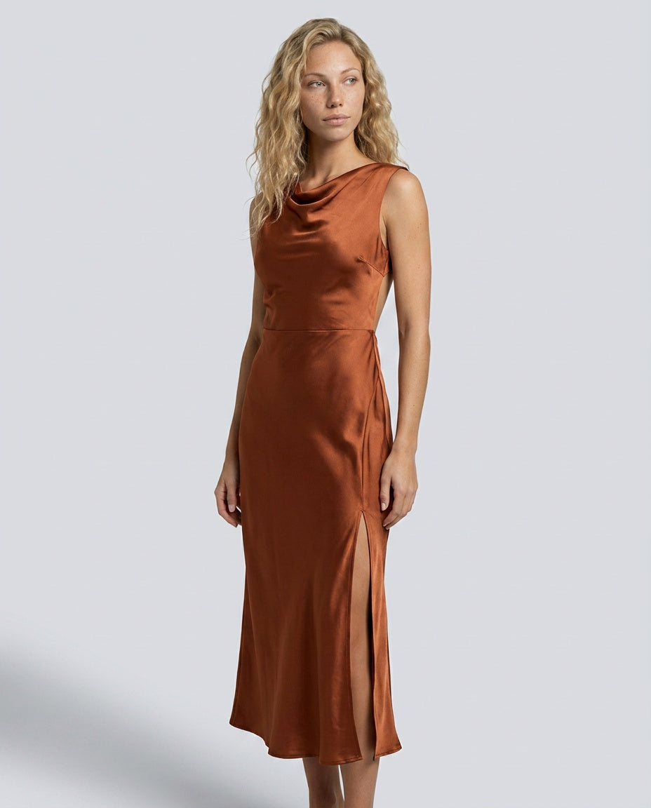 Sienna | Lace-Trim Waterfall Neck Midi Dress