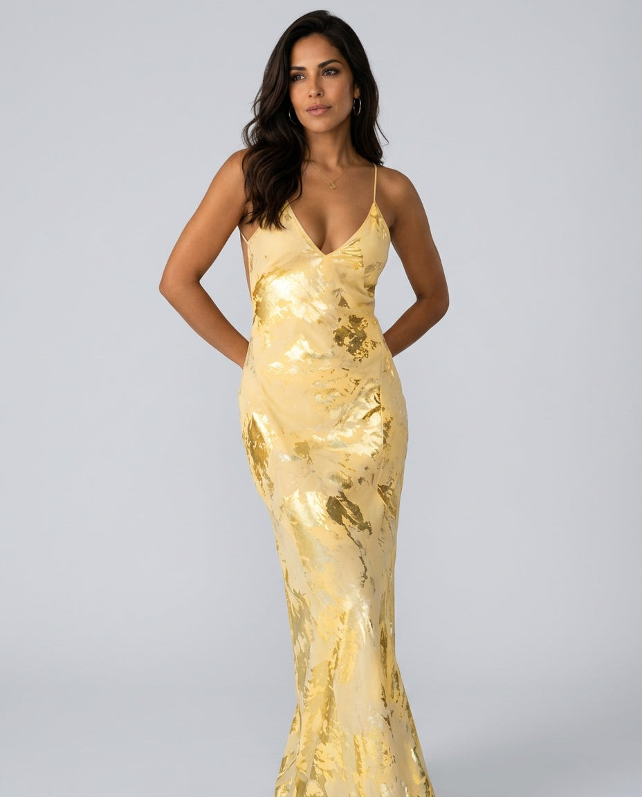 Esme | Yellow &amp; Gold Backless V-Neck Maxi Dress