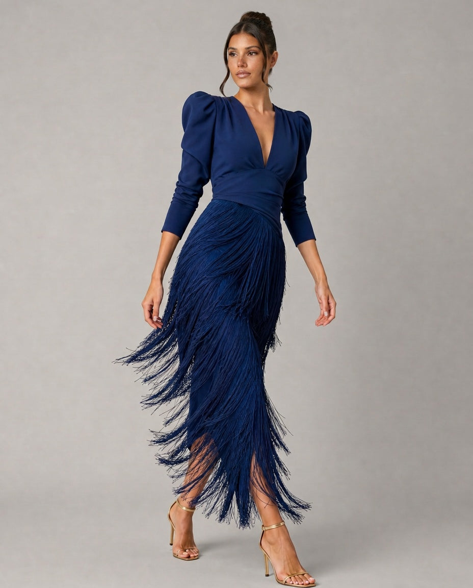 Vera | Fringe Detail Long Sleeve Maxi Dress