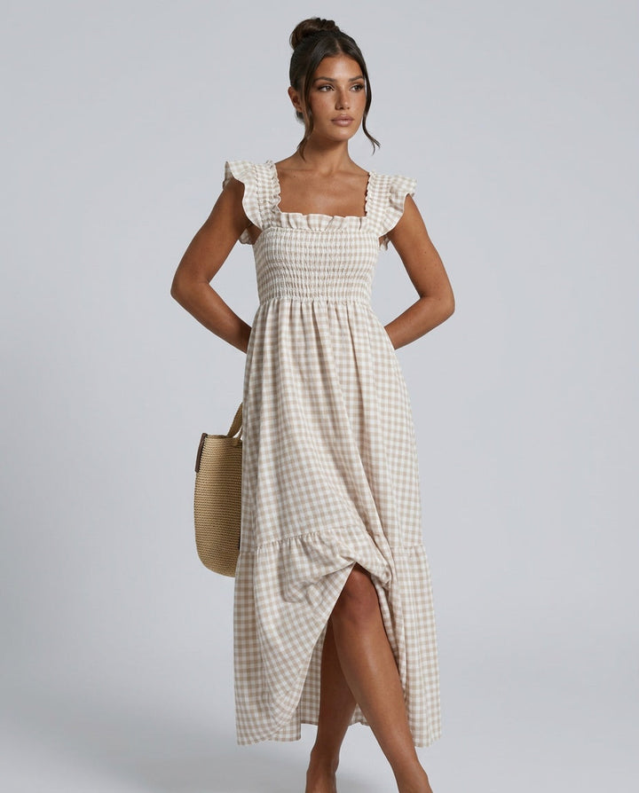 Celeste | Smocked Gingham Ruffle Sleeve Maxi Dress