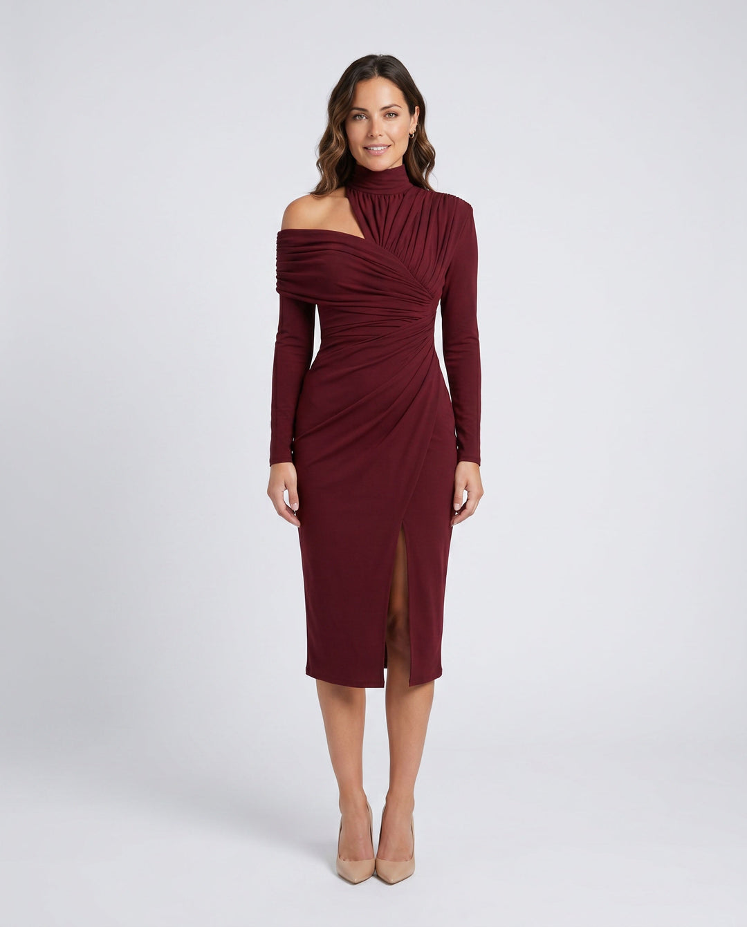 Priya | Asymmetric Neck Open Back Midi Dress