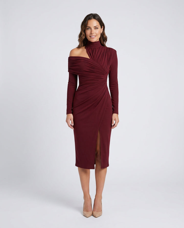 Priya | Asymmetric Neck Open Back Midi Dress