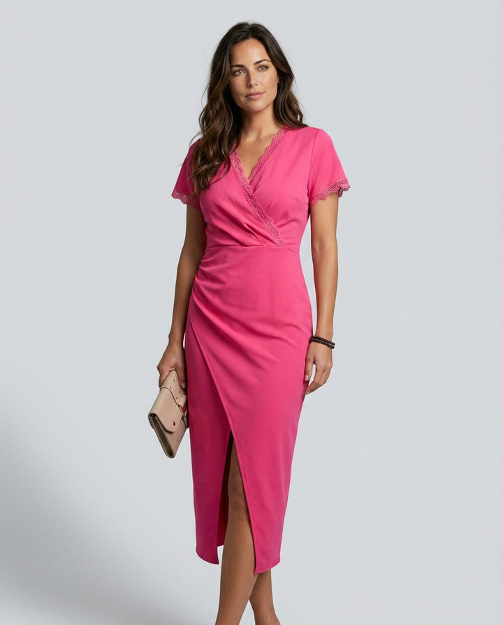 Lirène | V-Neck Lace-Trim Short Sleeve Midi Dress With Slit
