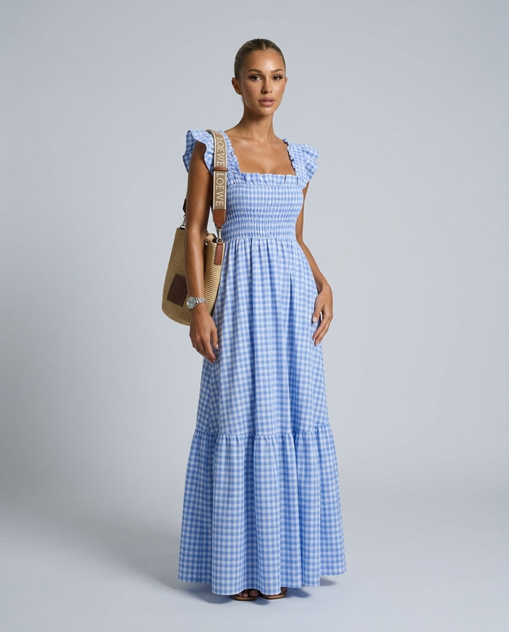 Celeste | Smocked Gingham Ruffle Sleeve Maxi Dress
