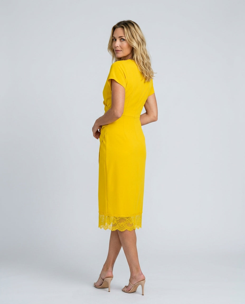 Lirène | V-Neck Lace-Trim Short Sleeve Midi Dress With Slit