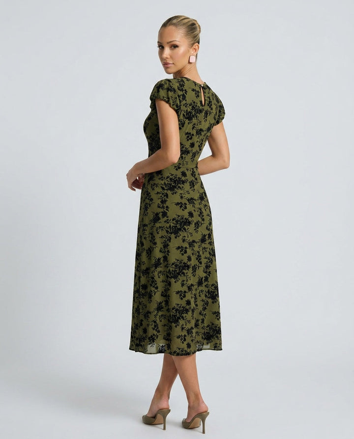 Sabine | Floral Print Cap Sleeve A-Line Midi Dress