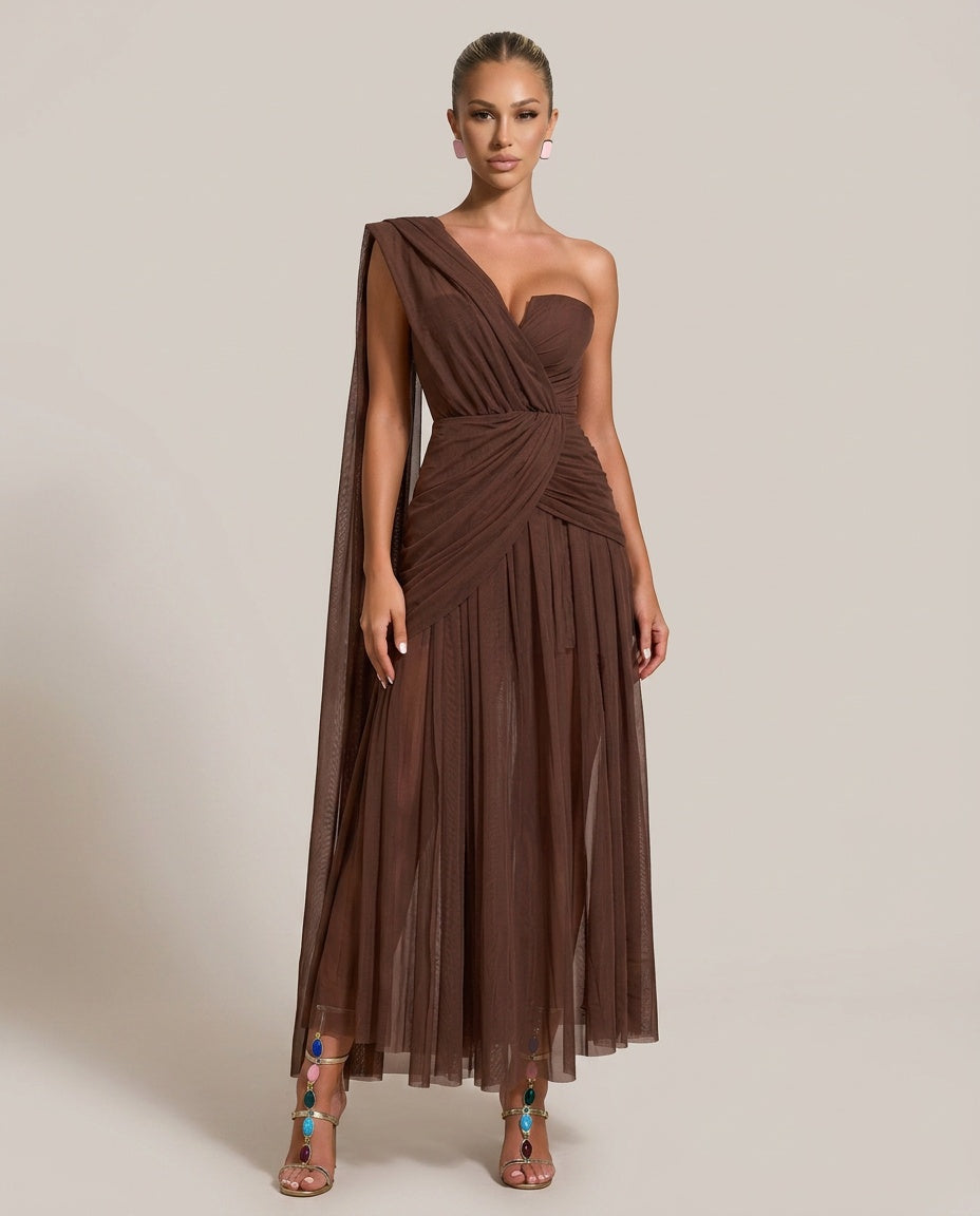 Marlowe | One-Shoulder Gathered Mesh Midi Dress