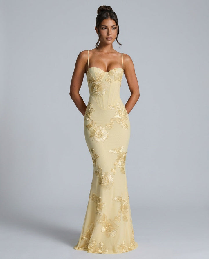 Isolène | Floral Jacquard Corset Maxi Dress
