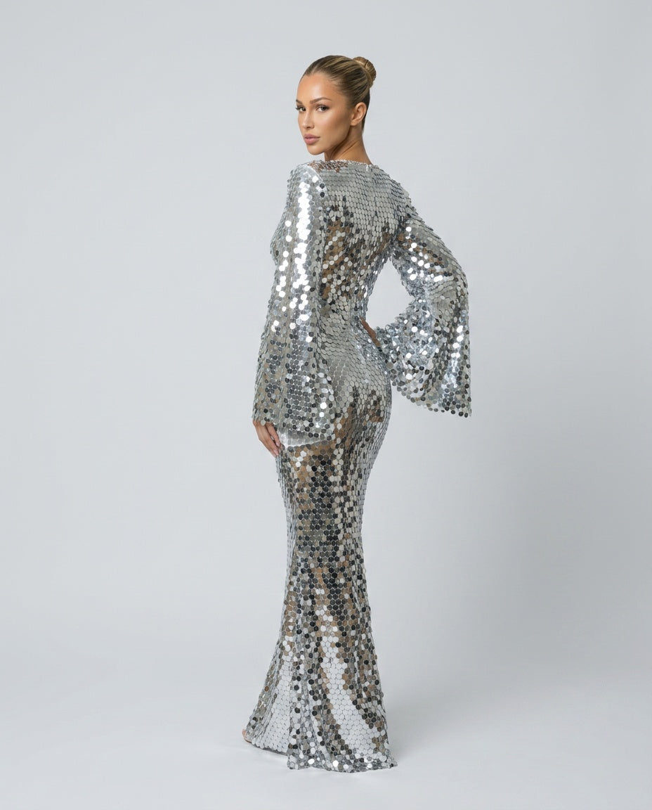 Celeste | Sequin Maxi Evening Dress with Silver Overlay