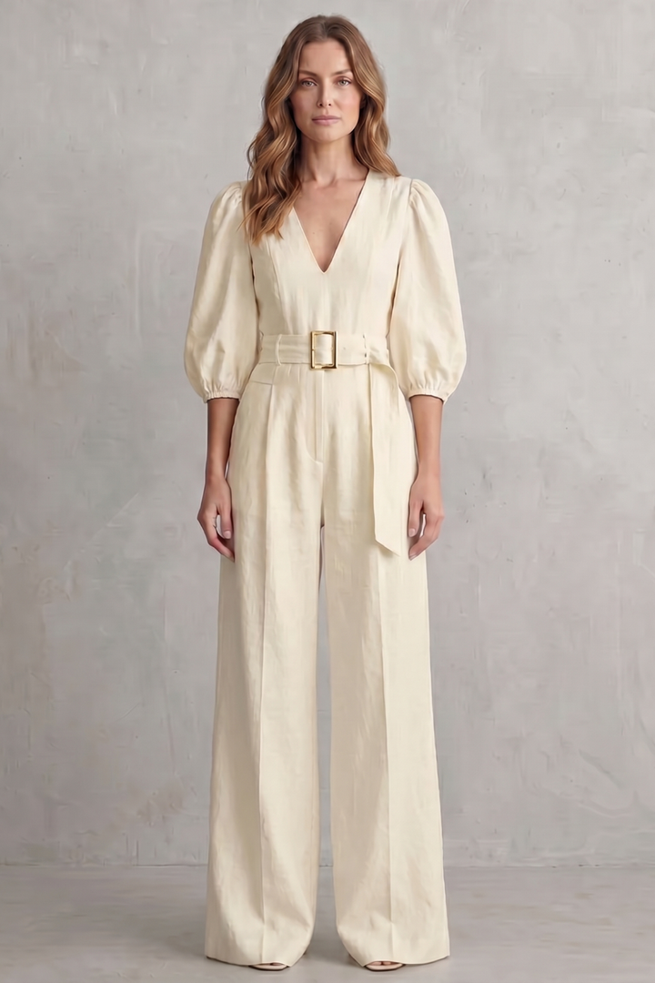 Velmora | Belted Puff Sleeve Wide Leg Jumpsuit