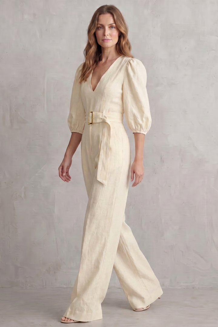 Velmora | Belted Puff Sleeve Wide Leg Jumpsuit