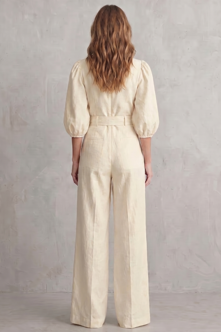 Velmora | Belted Puff Sleeve Wide Leg Jumpsuit