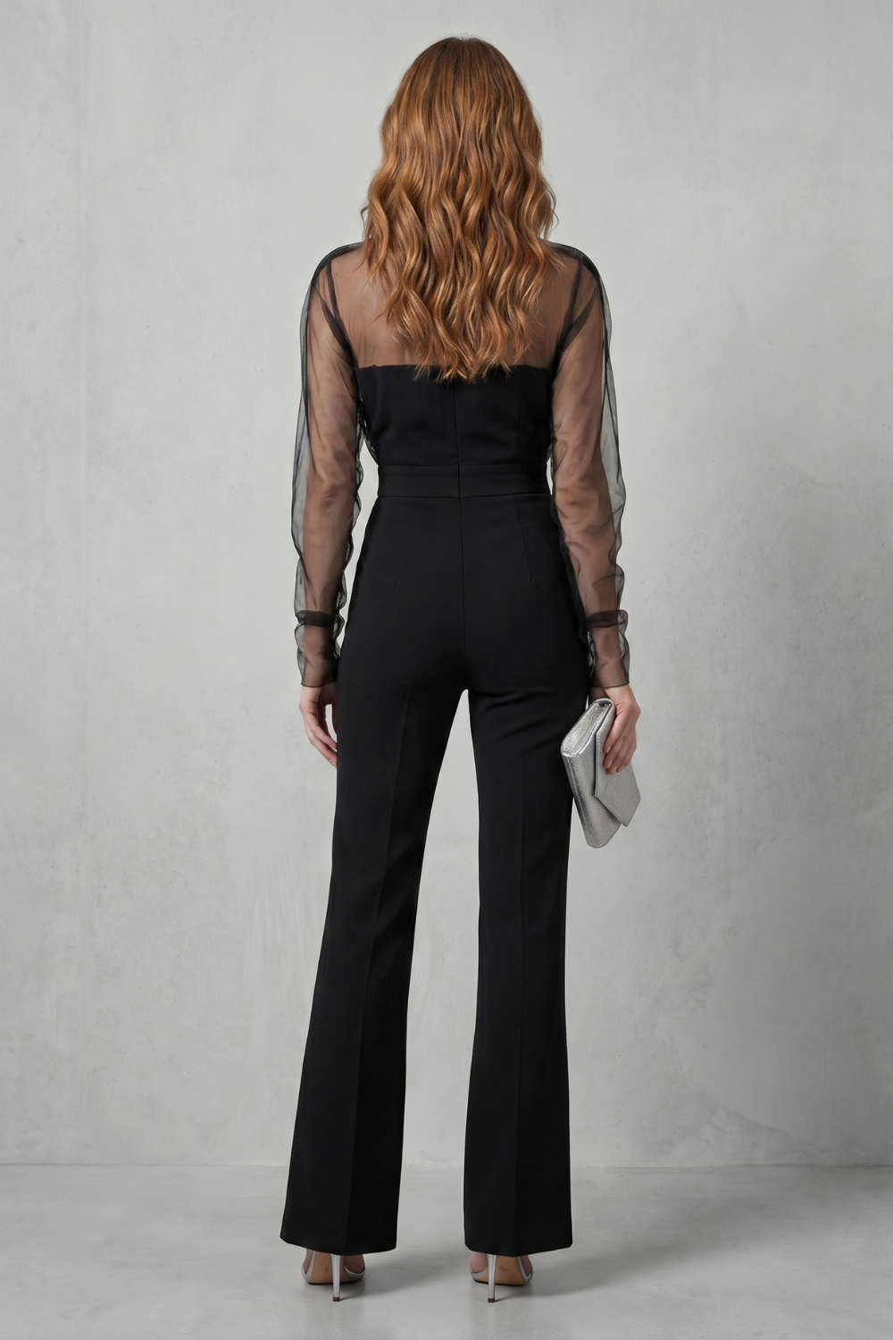 Veloura | Sheer Illusion Flared-Leg Jumpsuit