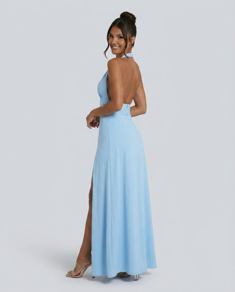Serène | Halter Neck Leg Slit Wedding Guest Maxi Dress