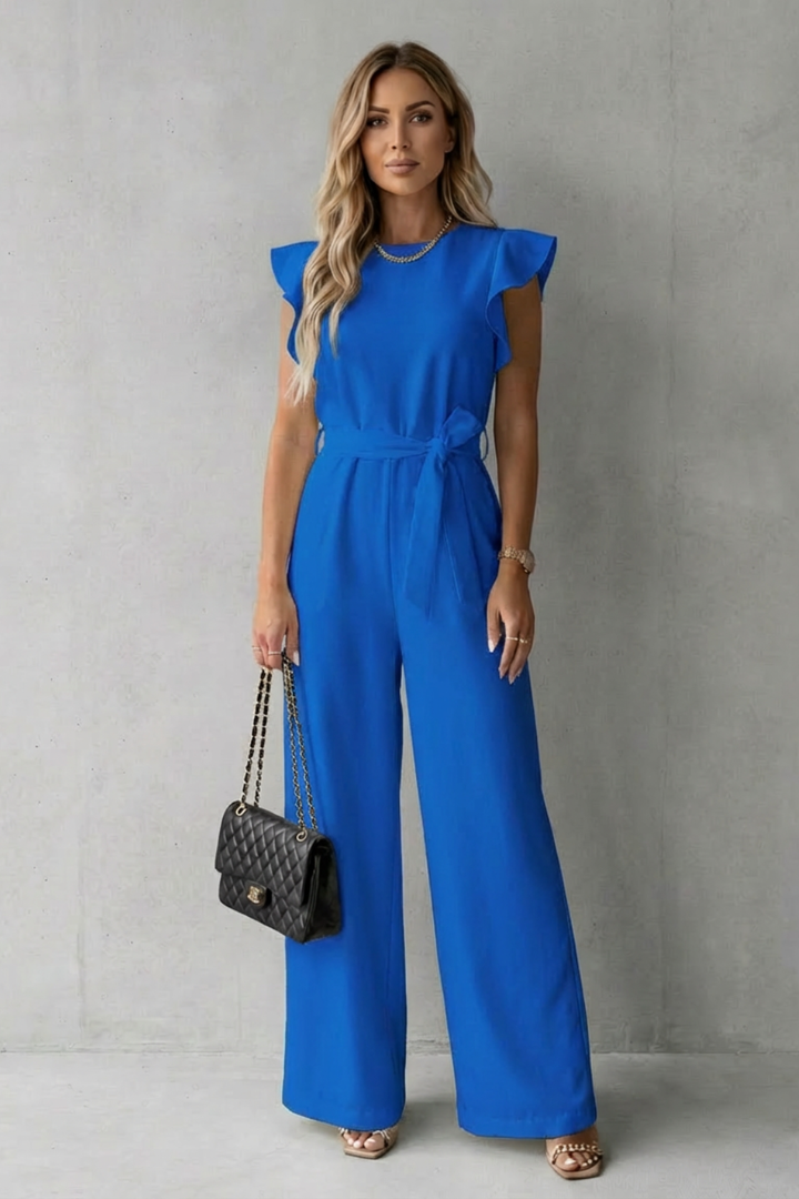 Virelle | Ruffle Sleeve Belted Wide-Leg Jumpsuit